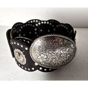 Vintage FOSSIL Black Leather CONCHO BELT Studded Silver Sz Large
